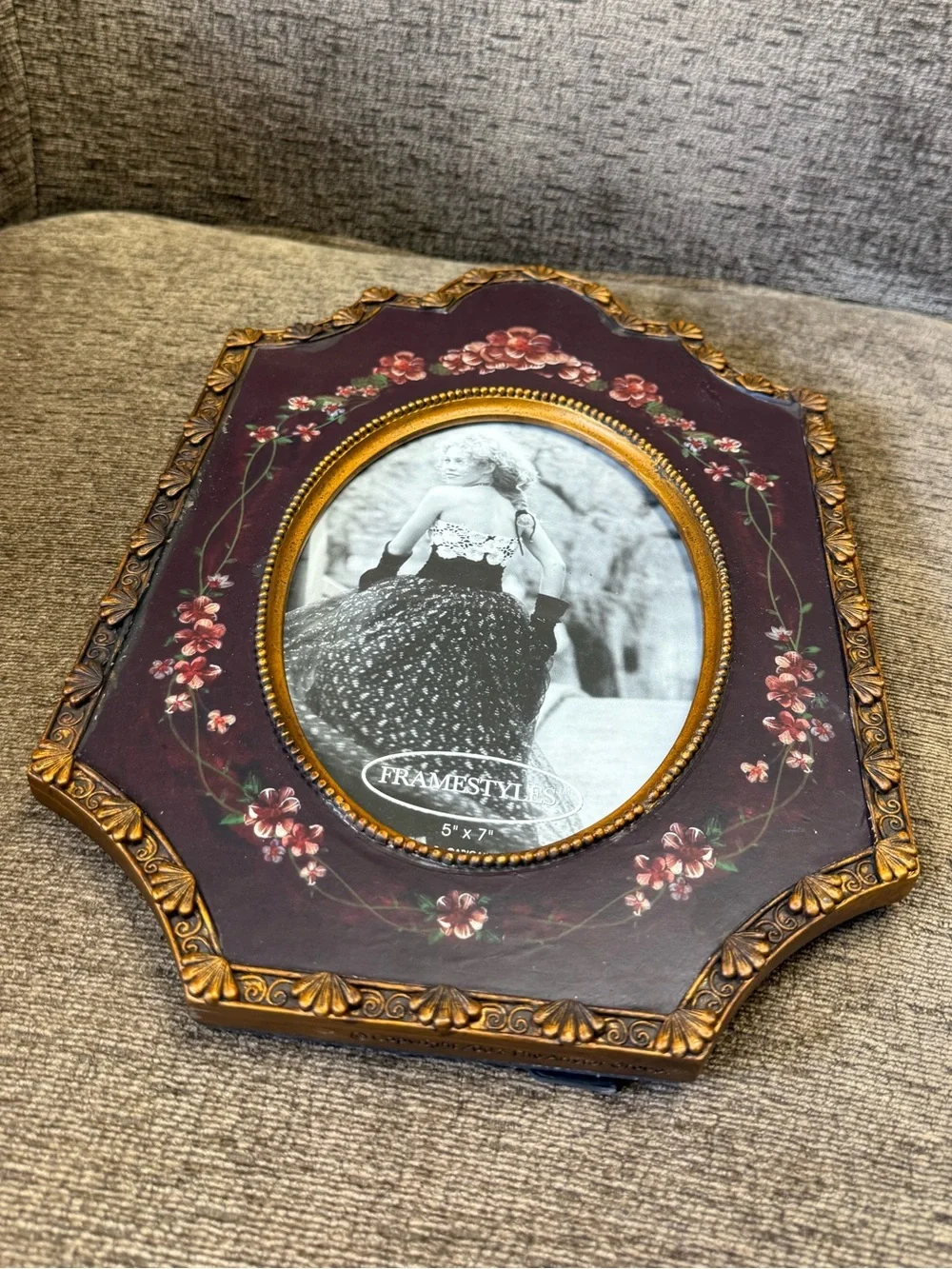 Vintage Painted Floral and Ornate Gold Trim Heavy Picture Frame.